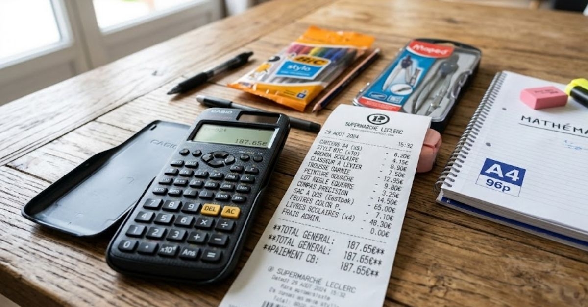 Fournitures scolaires et ticket de caisse, illustrant le coût réel de la rentrée