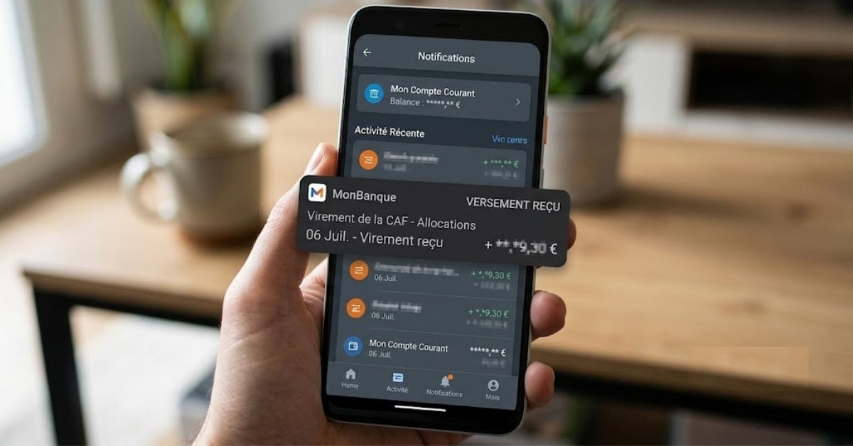 Notification de virement sur une application bancaire, illustrant le versement de la prime d'activité
